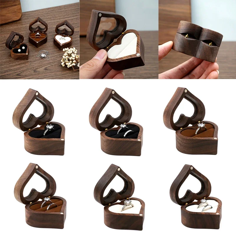 Wooden Love Shape Ring Box Valentine's Day Wedding Anniversary Gift Box Jewelry Display Storage Box for Wedding