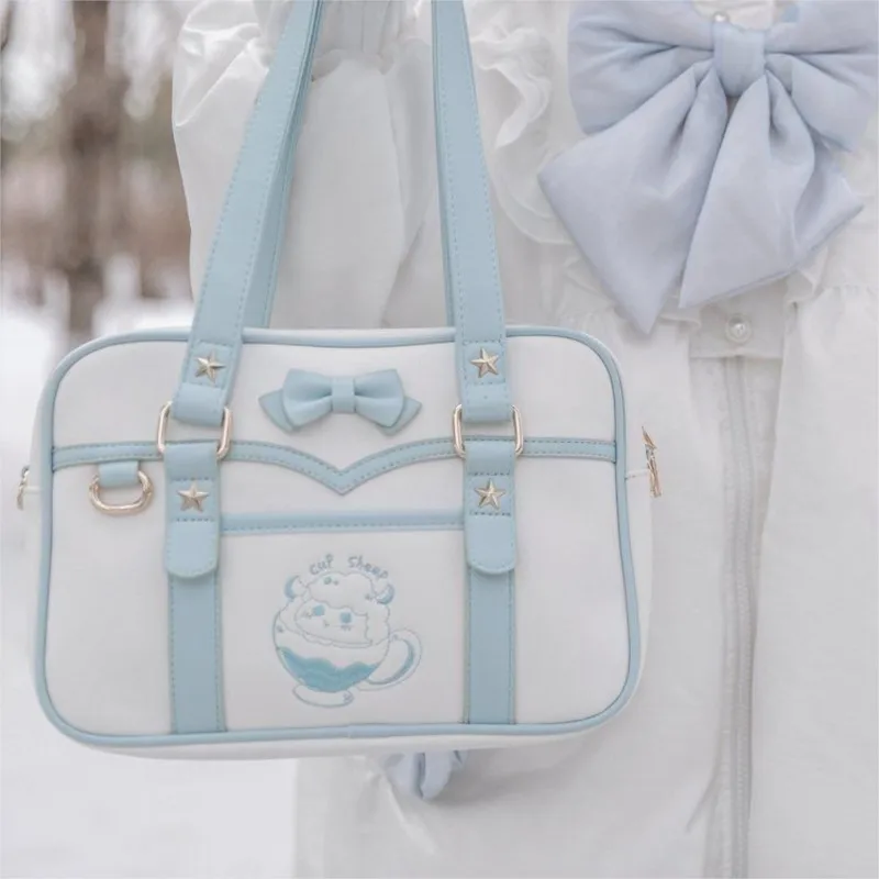 الحلو لطيف القوس حقائب كتف المرأة جلدية سعة كبيرة حقيبة يد أفقية المرأة اليابانية Harajuku التطريز حقائب كروسبودي #1