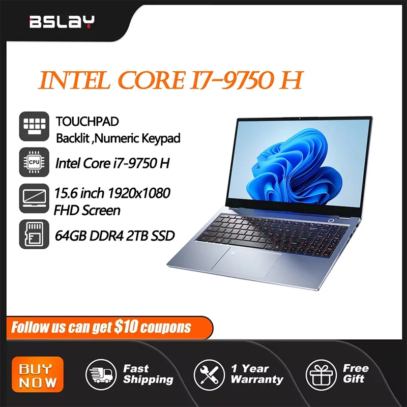 Laptop Gaming portátil com desbloqueio de impressão digital, 15.6in, Intel Core I7-9750H, 64GB de RAM, 2TB SSD, DDR4, Win 11, Câmera 5000mAh