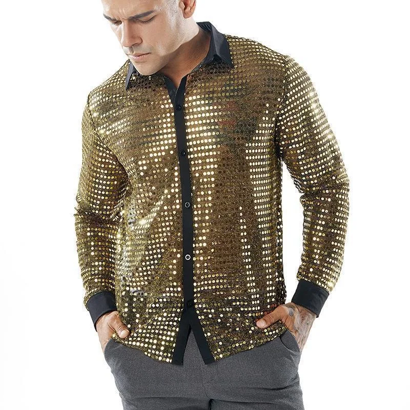 

Mens 70s Disco Scale Print Shirt Long Sleeve Point Collar Retro Shiny Party Costume108