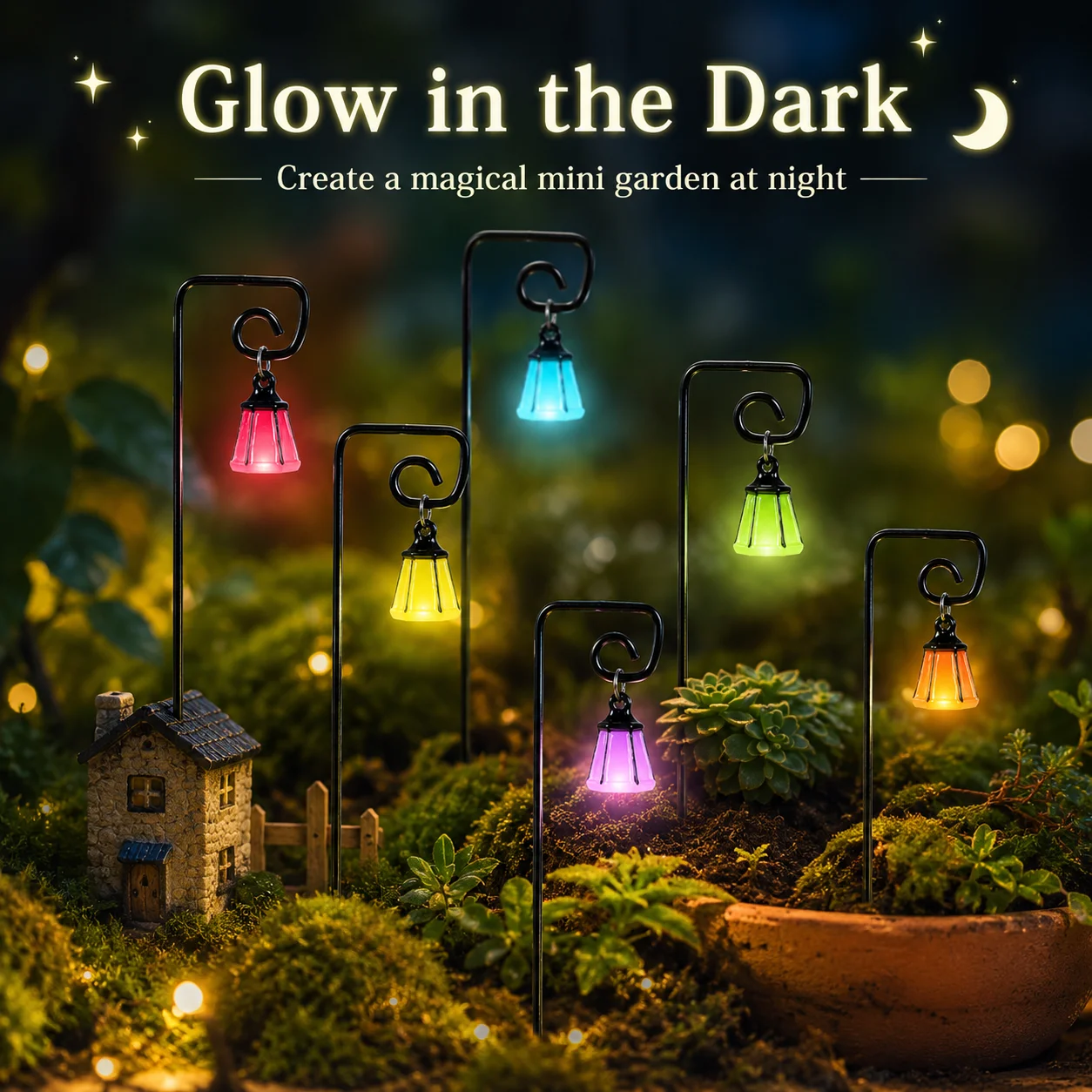 Mini Hanging Lantern Garden Stake, Colorful Lamp Ornament for Fairy Garden Dollhouse Bonsai Terrarium Micro Landscape Decor