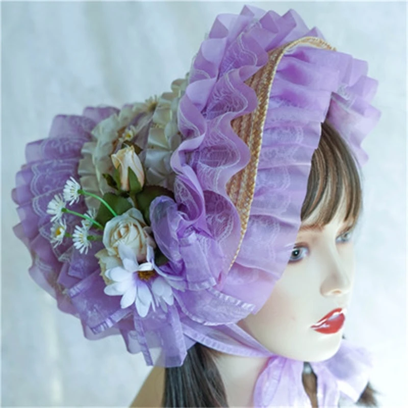 Floral Straw Hat Lolit Straw Hat Teas Party SunHat Lace Fascinators For Women Victorian Headdress Victorian Bonnet