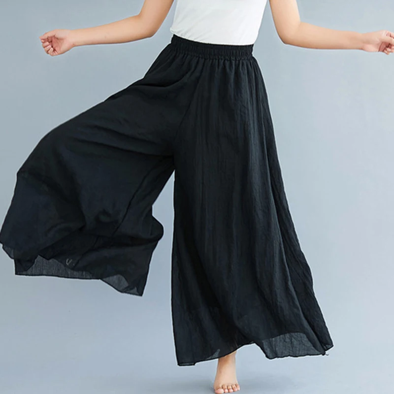 Women Wide Leg Baggy Pant Skirt Chiffon Lining Cotton Linen Trousers Vintage Harajuku Casual Loose Trousers Elegant Pantalones