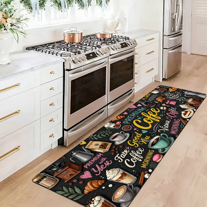 Black Background Coffee Cup Bean Croissant Letter Print Runner Rug, non-slip carpet, cafe themed mat for kitchen aisle entryway