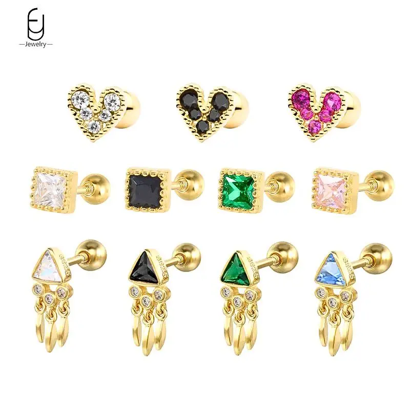 

925 Silver Ear Needle Fashion Piercing Stud Earrings for Women Colorful Heart/Triangle/Square Crystal Cartilage Earring Jewerly