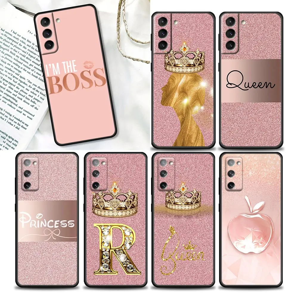 

Rose Gold Pink Princess Queen Phone Case For Samsung Galaxy S24 Ultra S23 5G S20 S21 FE S25 S22 Plus S24FE Case Black Soft Cover