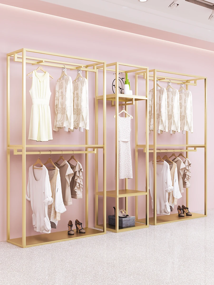 Floor standing high-end women's clothing store display shelves, iron art shelves, double layer gold hanging clothes shelves