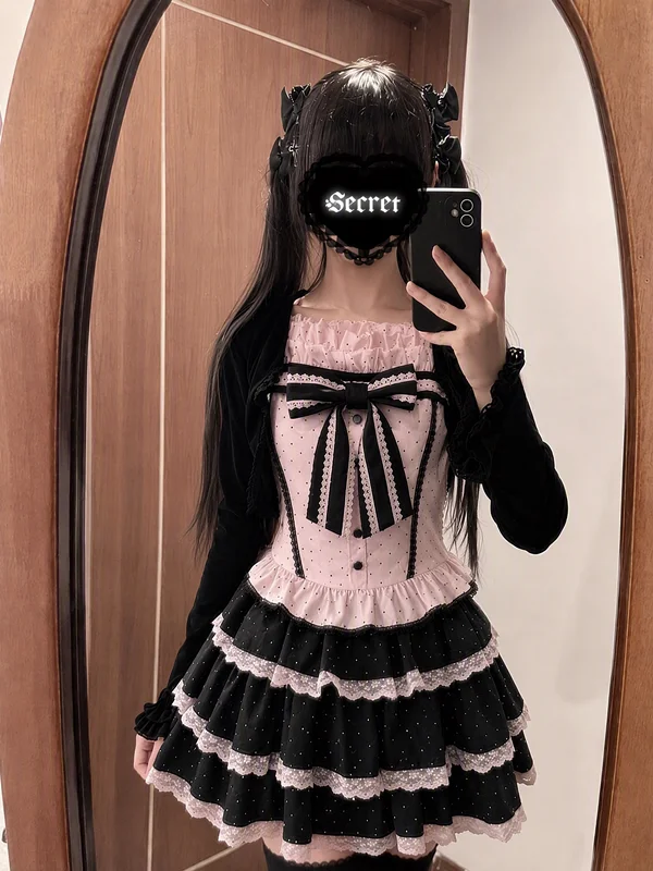 Sweet Vintage Black Cardigan with Polka Dot Strap And Cake Short Skirt Three Piece Set for Women Spring Autumn Winter Fashion