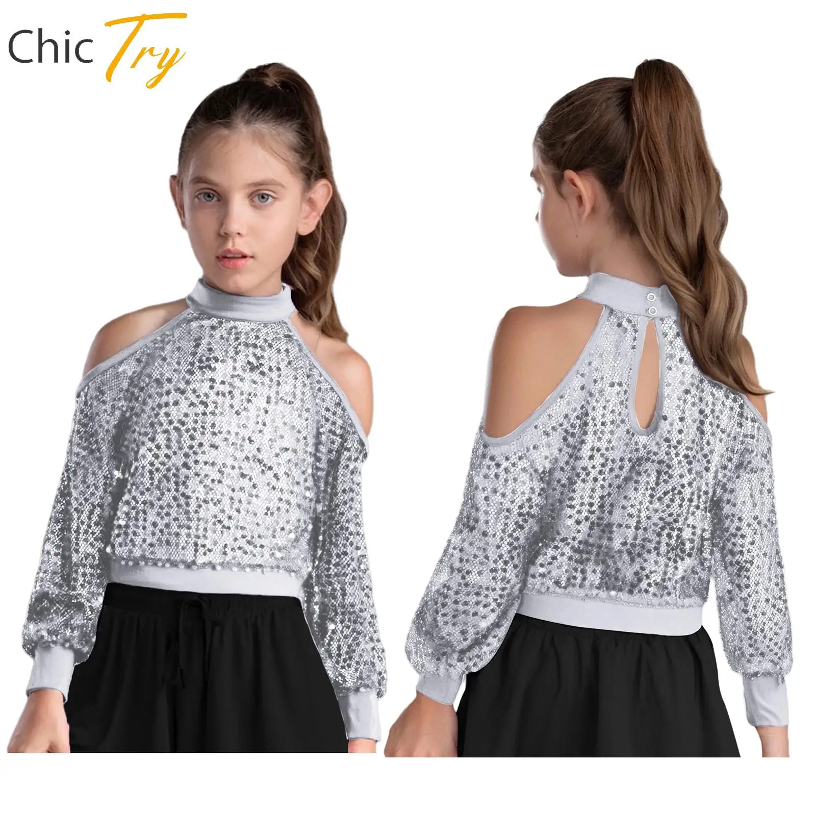 

2025 Kids Fashion Clothes Girls Cold Shoulder Hollow Out Mesh Blouse Long Sleeve Keyhole Back Shiny Sequins See-Through Crop Top