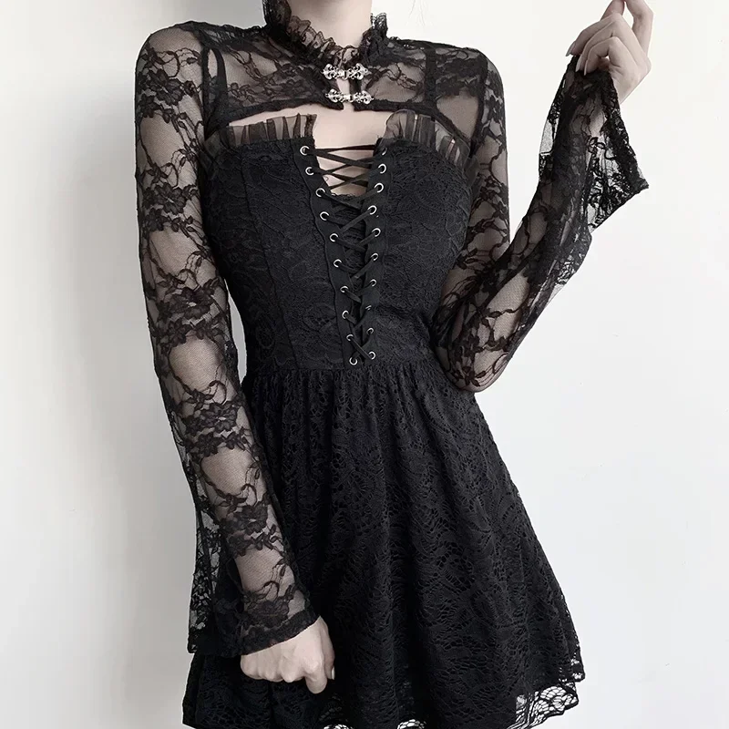 

InsGoth Lace Smocks Long Sleeve Y2K Sexy Gothic Street Halloween Black Overall Coguette Chic Button Crop Matching Party Cover Up