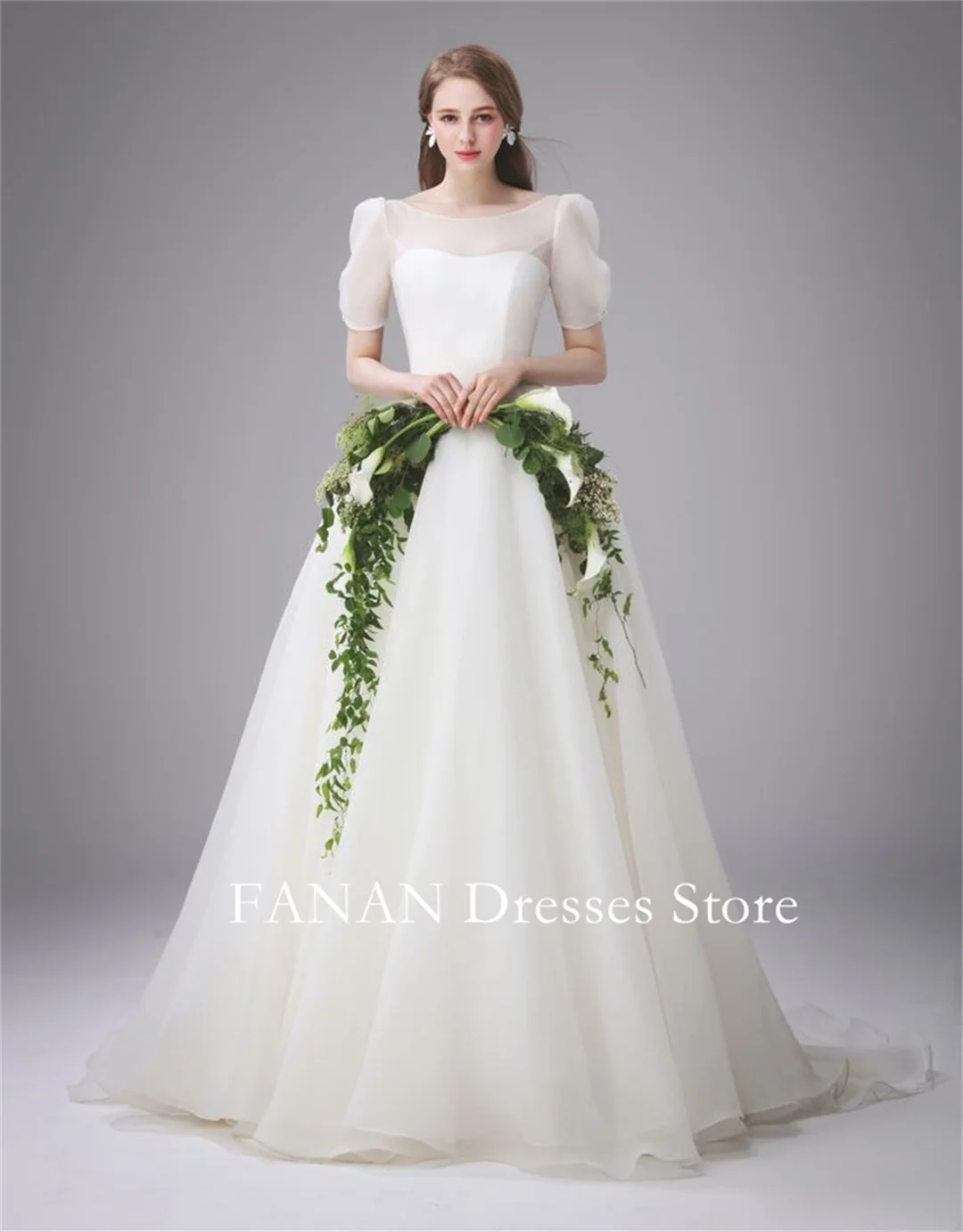 

FANAN Korea Boat Neck Ruched Ivory Organza A-Line Wedding Dresses 웨딩드레스 Customized Princess Corset Bride Gowns Plus Size