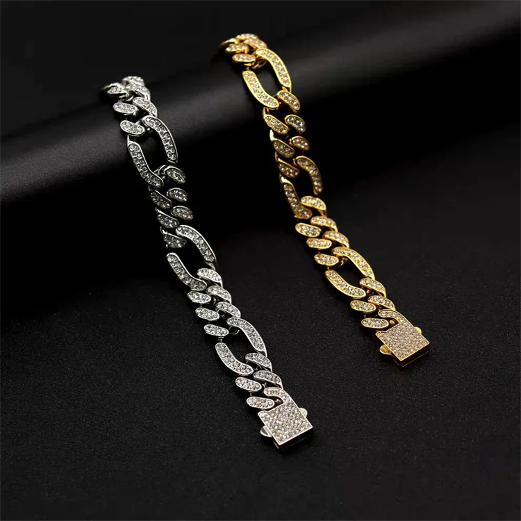 

Hip Hop Cuban Chain Bracelet stainless steel Jewelry Gold color Rhinestone Mens Rapper Charm