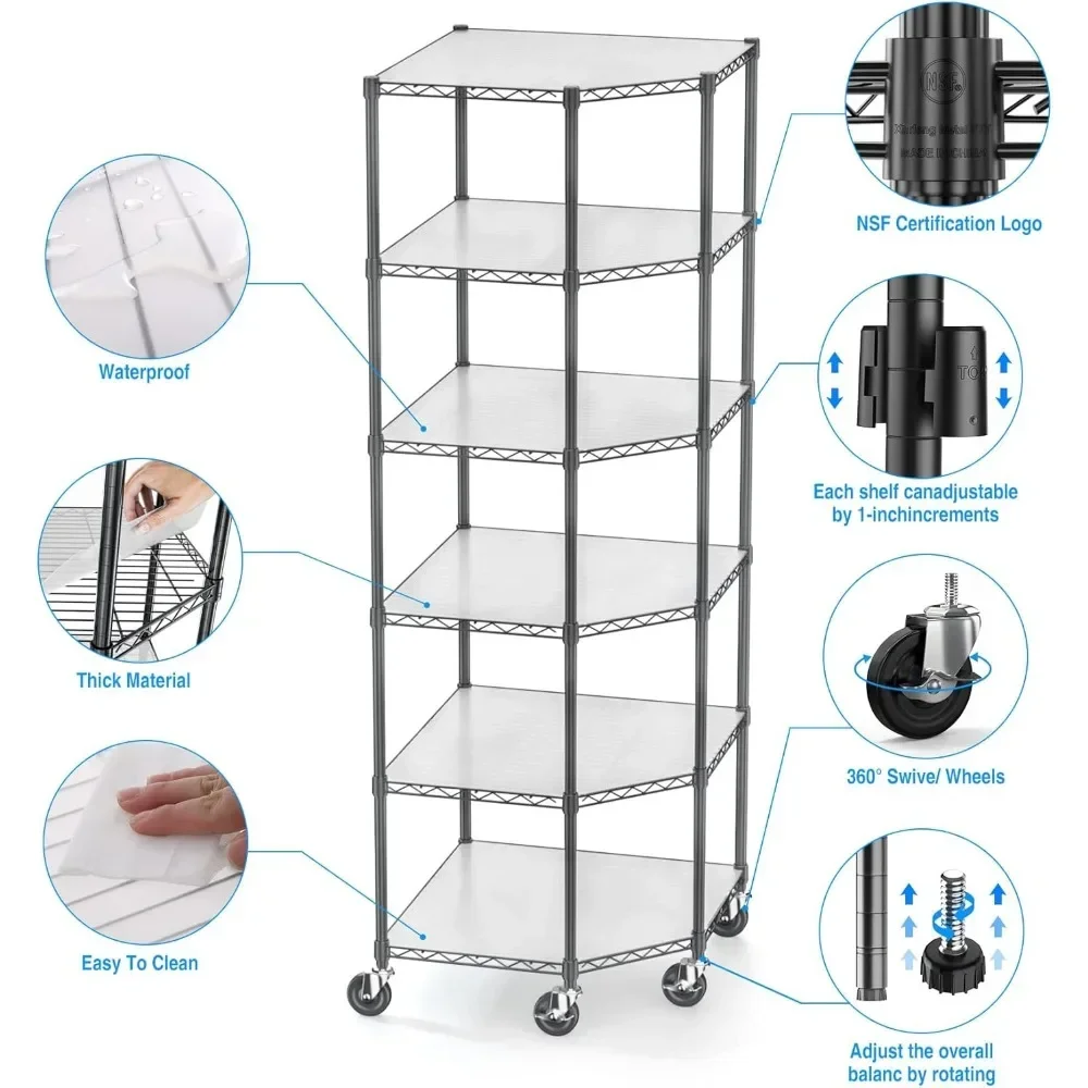 Estante de almacenamiento de 6 niveles, estantería de alambre de esquina Pentagonal con 5 ruedas y forros de estante para balcón y almacén