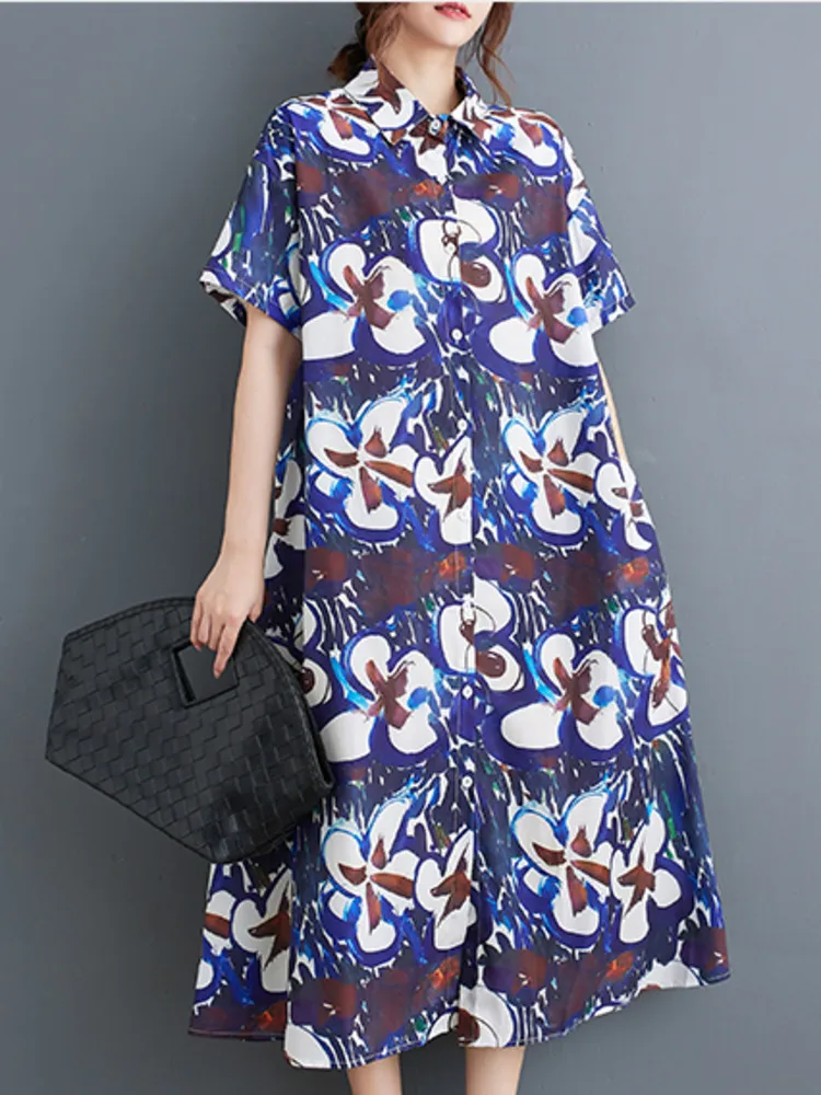 #3902 Summer Vintage Flower Printed A-line Midi Dress Women Turn-down Collar Ladies Dresses Short Sleeve Loose Korean Fashion