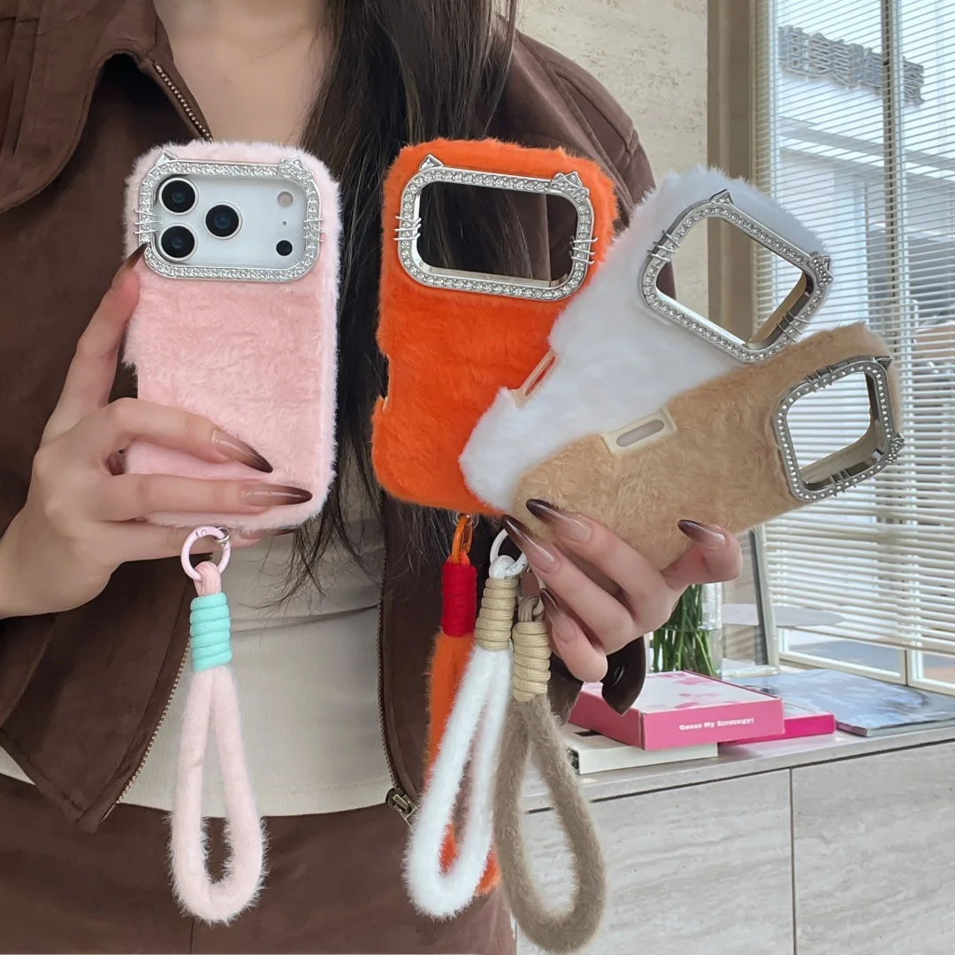 

3D Diamond Cat Ears Camera Protection Phone Case For iPhone 17 16 15 14 13 Pro Max plus Air Solid color plush lanyard Soft Cover