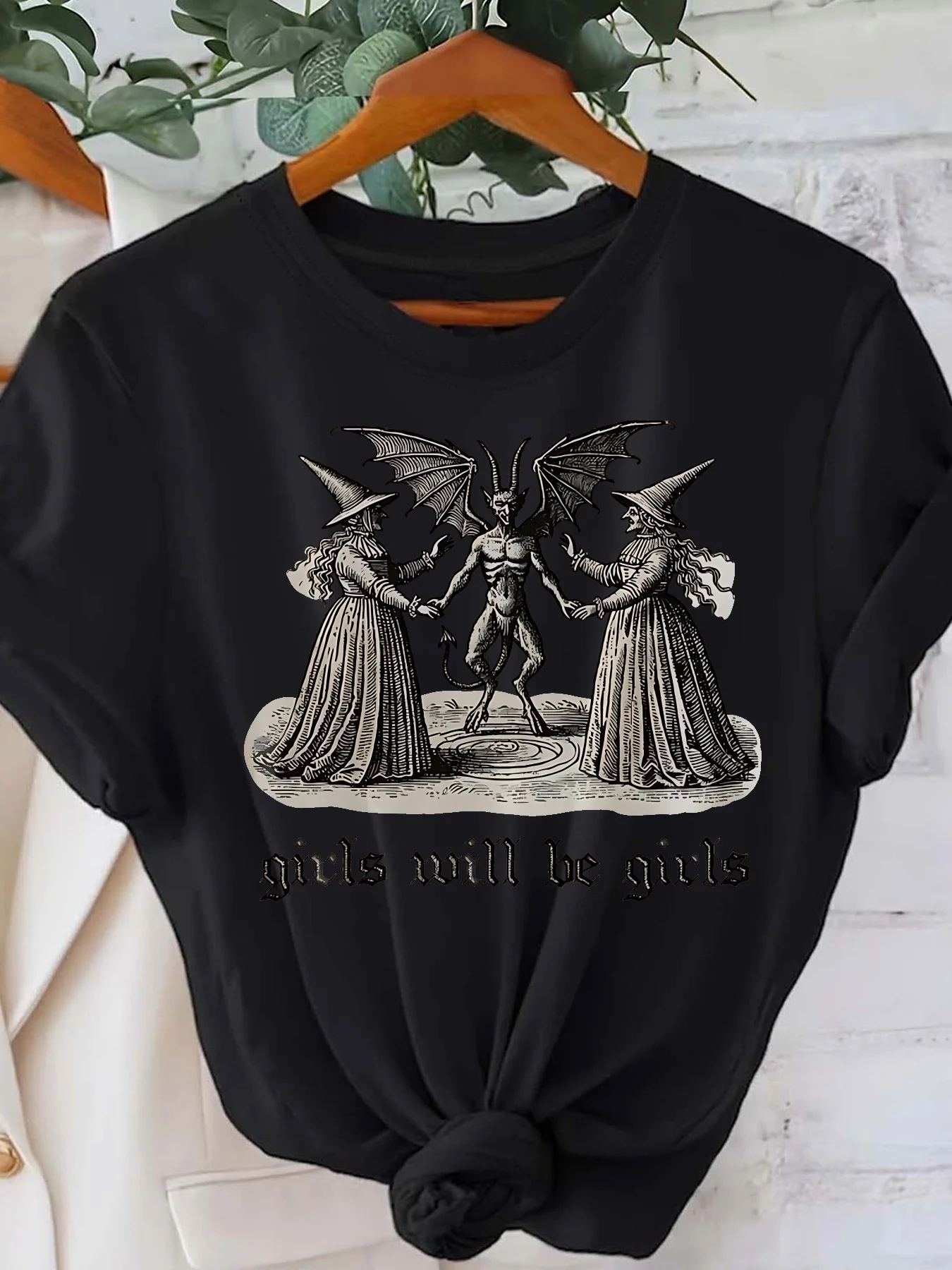 Ladies' Casual Short Sleeved T-shirt - Witch and Devil Print Round Neck Top with Humorous Design, Gothic Print Shirt