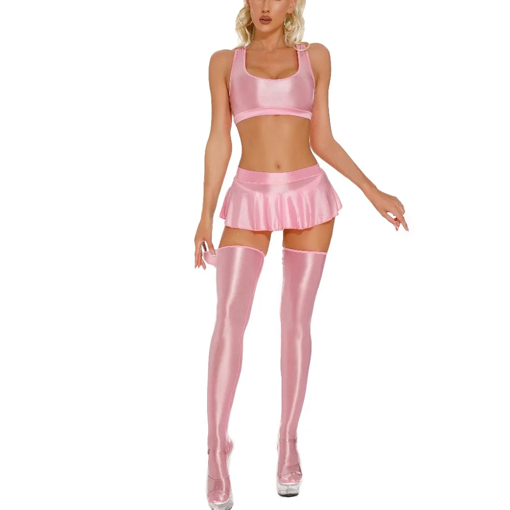 Damen Einfarbige Glatte Kleidungssets Sexy Spicy Girl Nachtclub-Tanzshow-Kostüme Glänzende Miniröcke + Crop Tops + Strümpfe