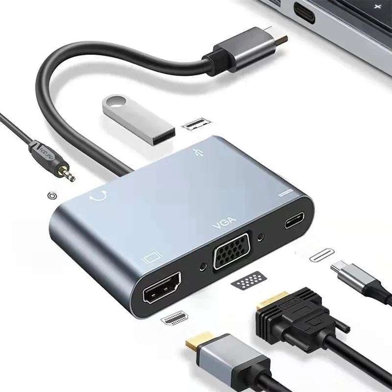 USB C Hub Multiport Adapter, 5-in-1 USB C to HDMI VGA Converter with 4K 60Hz Output and Power Delivery Charging Port for MacBook