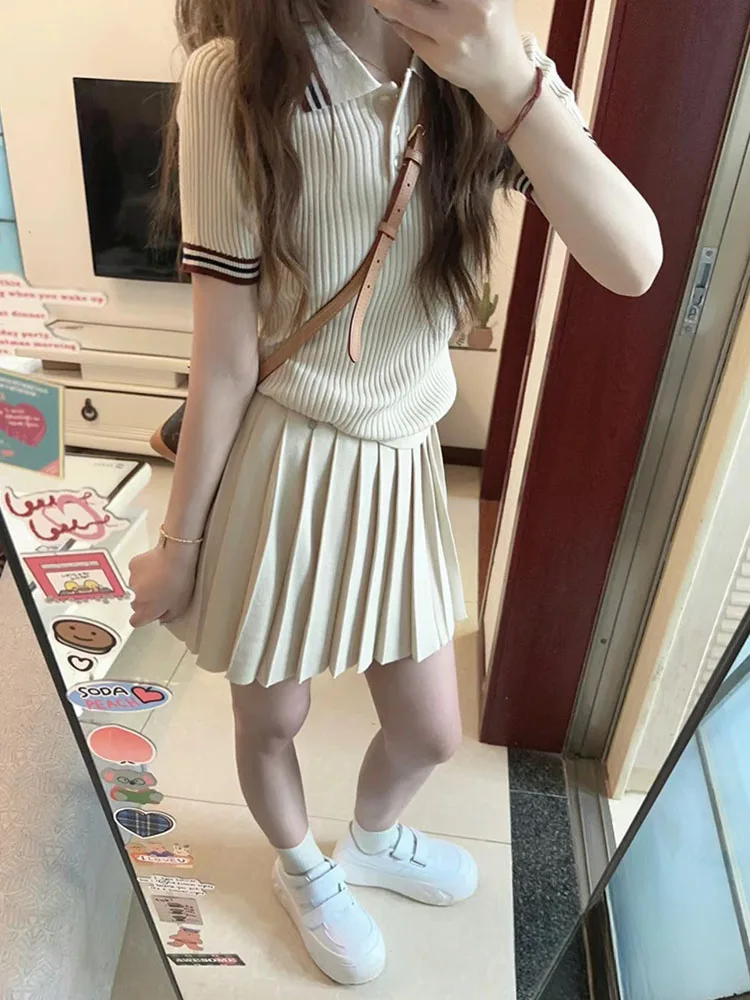 Summer 2024 Outfits 2 Piece Skirts Set Beige Polo-Neck High Quality Slim Top + Women New Design Pleated Skirt Sweet Sexy Trend