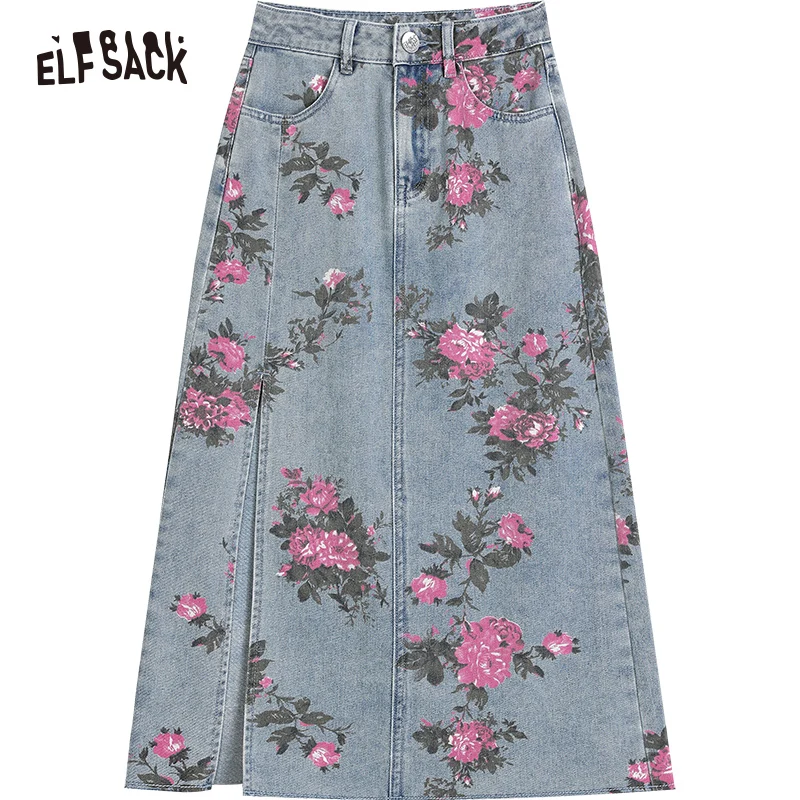 ELFSACK Printed Split High Waist A-line Denim Skirt Women 2023 Spring Mid-length Bottom