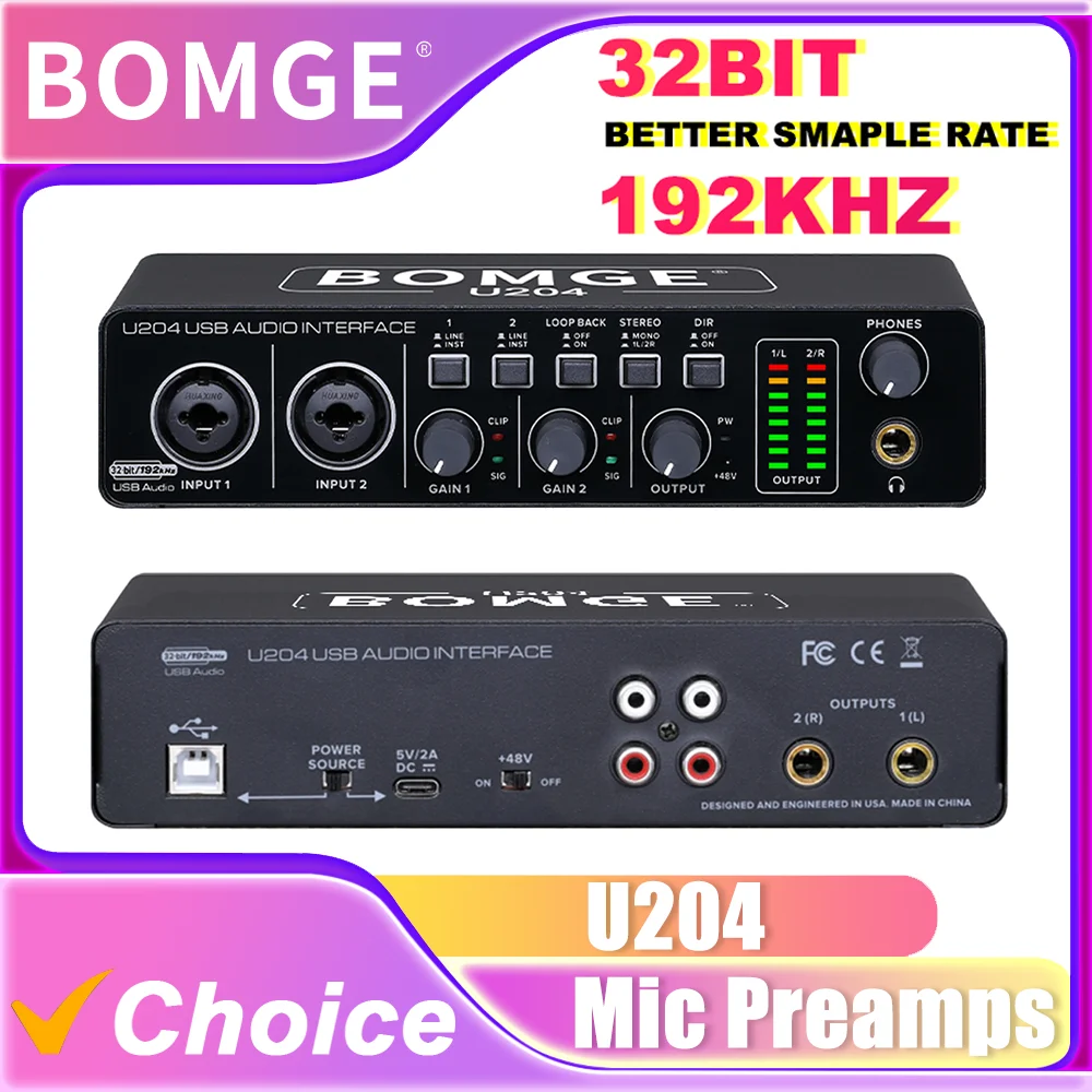 bomge-u204-usb-2x2-portable-audio-interface-32bit-192khz-with-48v-phantom-for-pc-computer-streaming-record-guitar-podcasting