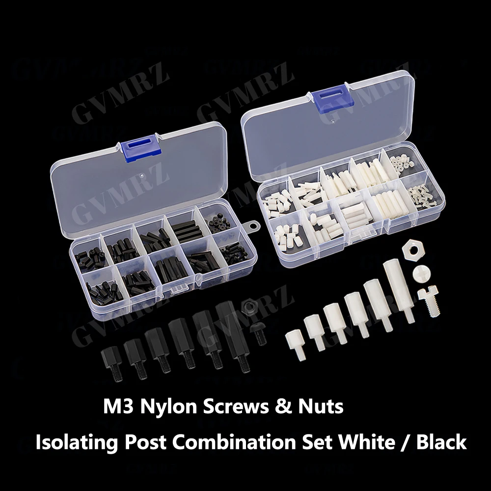 180PCS M3 Nylon Screws & Nuts Boxed Plastic Screws & Nuts Isolating Post Combination Set White / Black M3