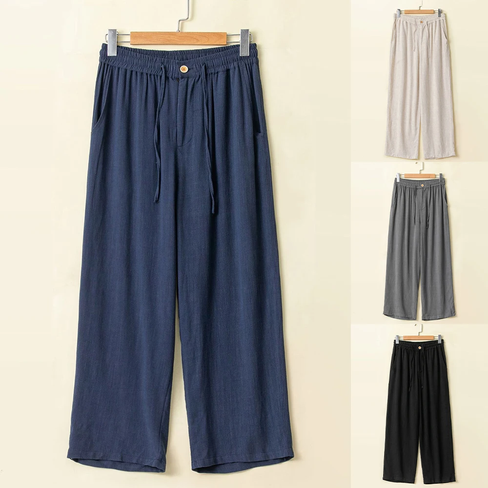 

Mens Traditional Chinese-Style Cotton Linen Casual Wide-Leg Pants Genderless Solid Color Stylish Loose Wide-Leg Pants Unisex