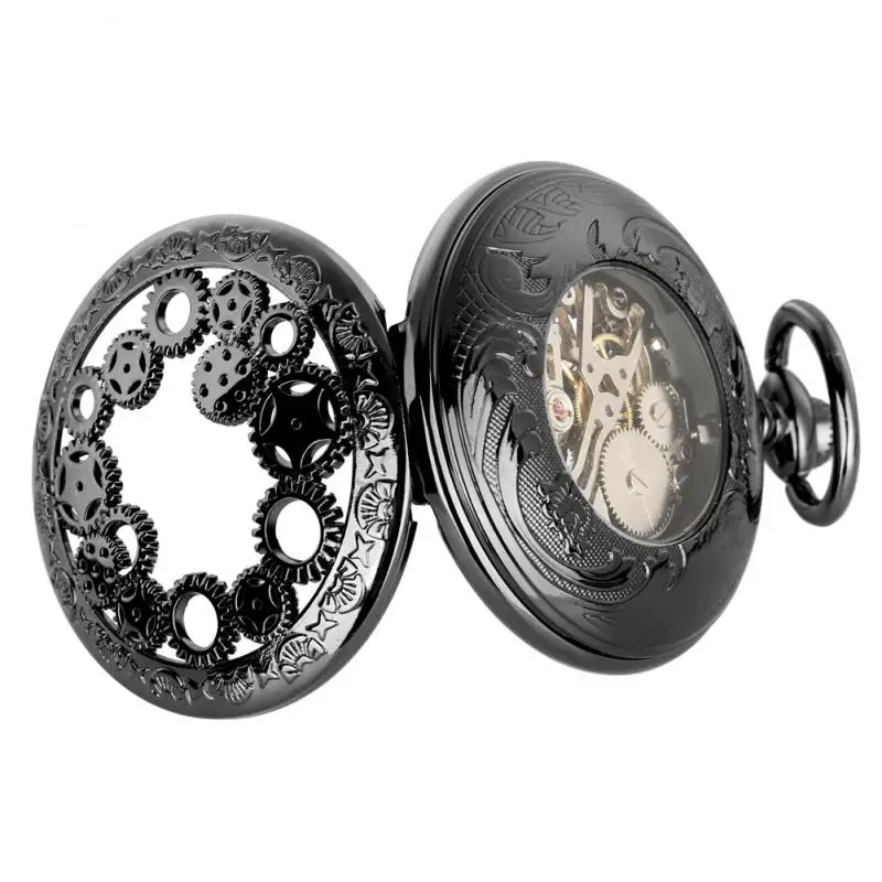 Sekeleton-reloj mecánico de engranaje antiguo, pulsera de mano con número romano, cadena de gancho de 38cm, color negro, a la moda