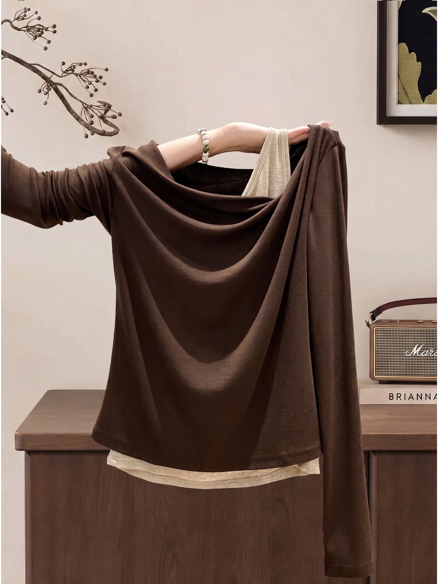Early Autumn Shoulder Bared Long Sleeve Fake Two-Piece T-Shirt Women's Korean Style Slimming Top High Waist Cotton Blend Poly...