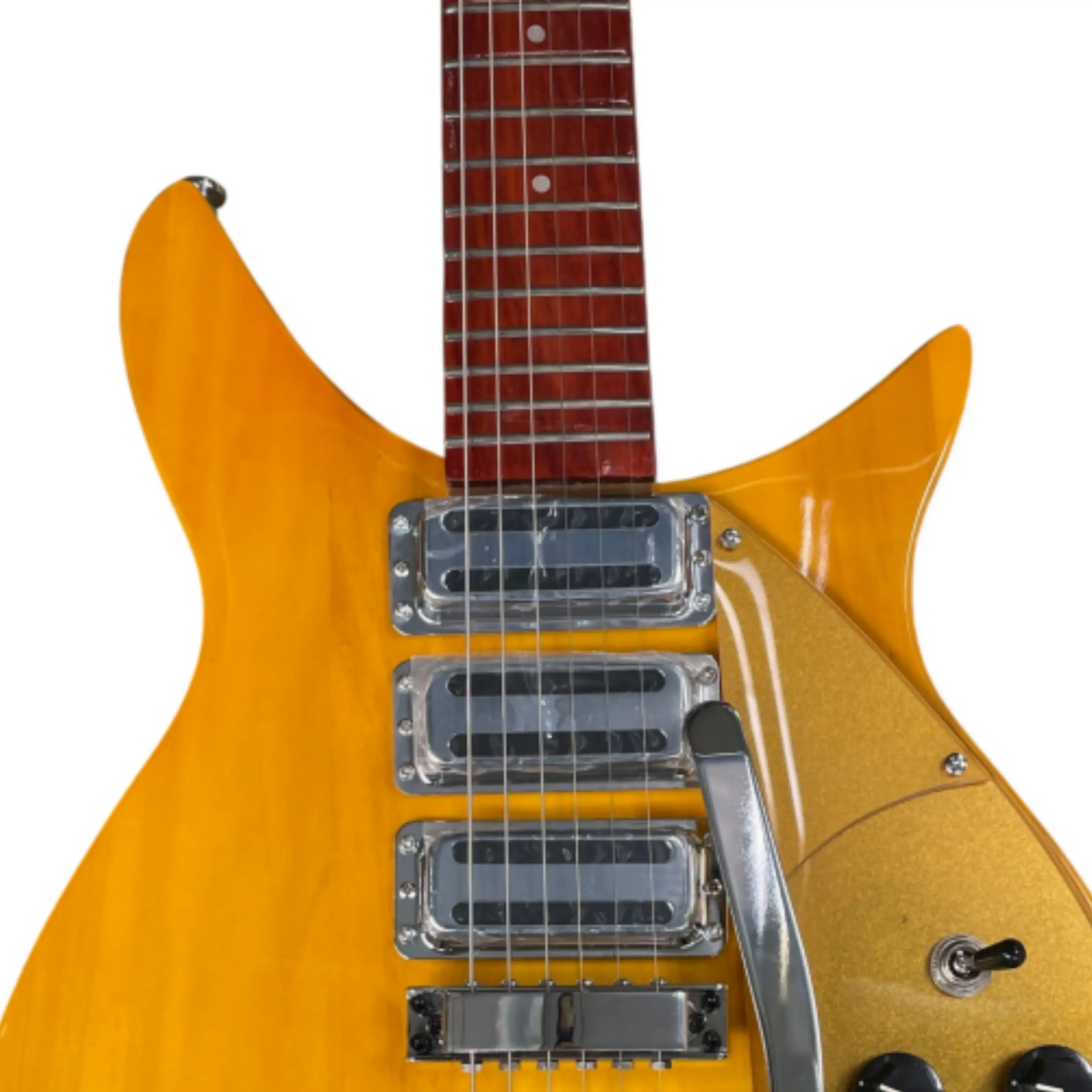 Amber Yellow Gloss Electric Guitar, Gold Glitter Pickguard Guitars, 3 Pickups with Vibrato System for Live Band Playing Guitarra