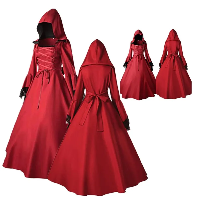Adult Women Gothic Renaissance Cosplay Costume Ladies Retro Long Red Party Dress Gown Outfits Halloween Carnival Suit