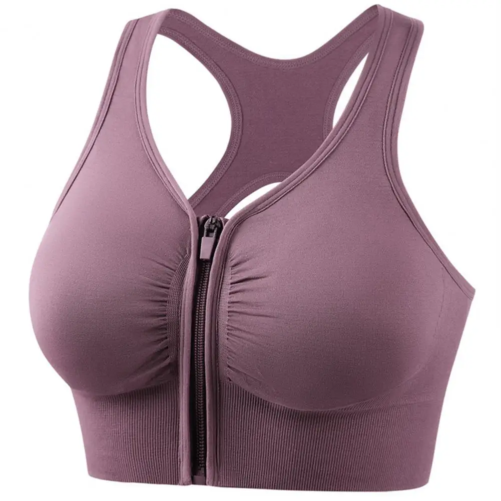 Women Sport Bra Front Zipper Sports Bra for Women Shockproof Gathered Yoga Running with Beautiful Back Hollow Design Solid Color