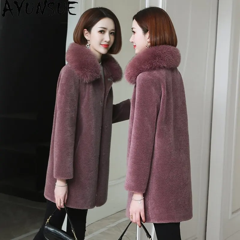 

AYUNSUE Sheep Shearing Jacket Women Clothing Winter 100% Woo Jackets Fur Coat Women Casual Wool Coats Fox Fur Collar Veste Femme