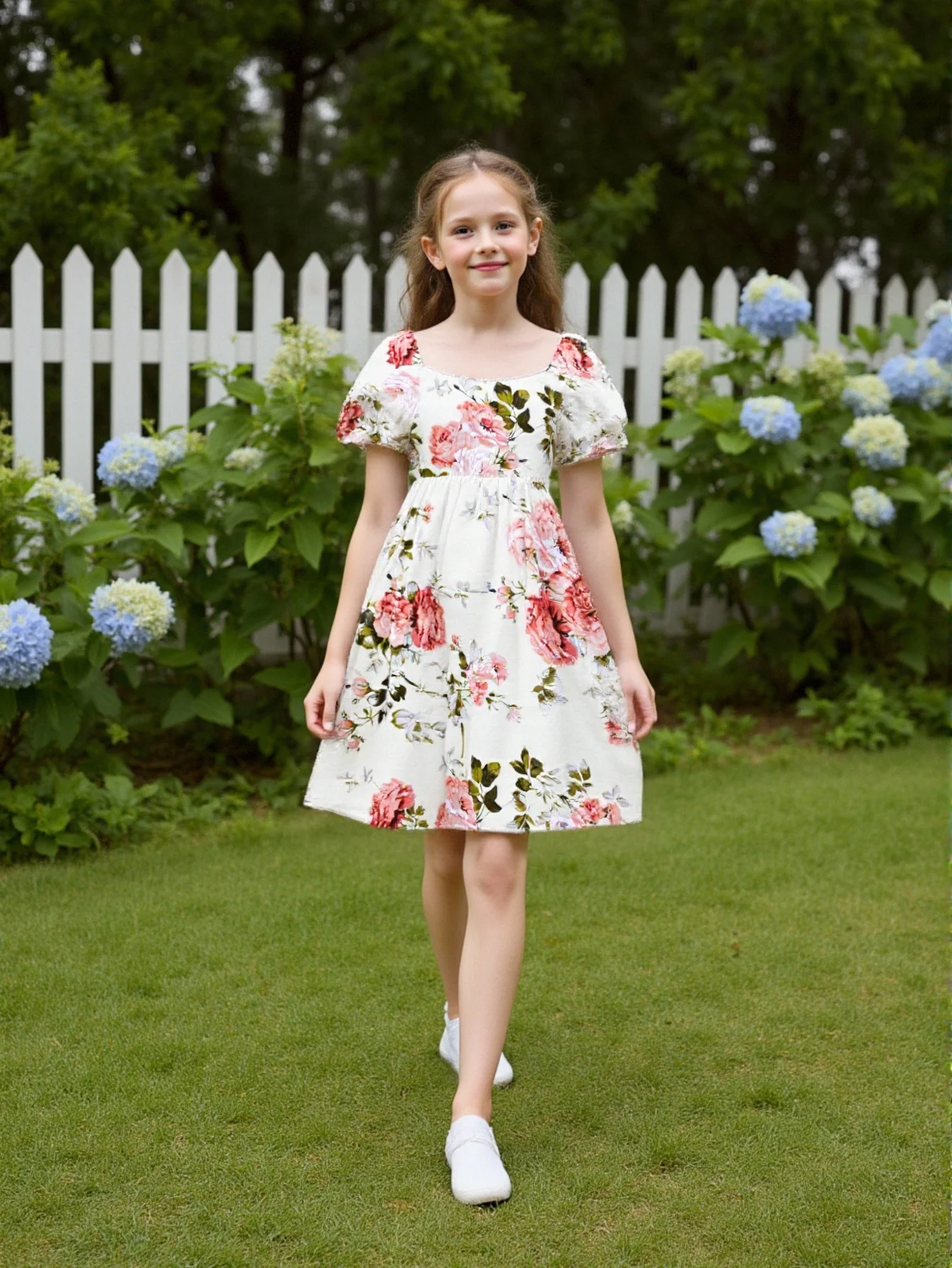 Modisches Freizeit-Kurzarmkleid für Mädchen und Jungen mit Blumenmuster und eckigem Ausschnitt, Alter 6-12, Alltagsoutfit – Detail 3