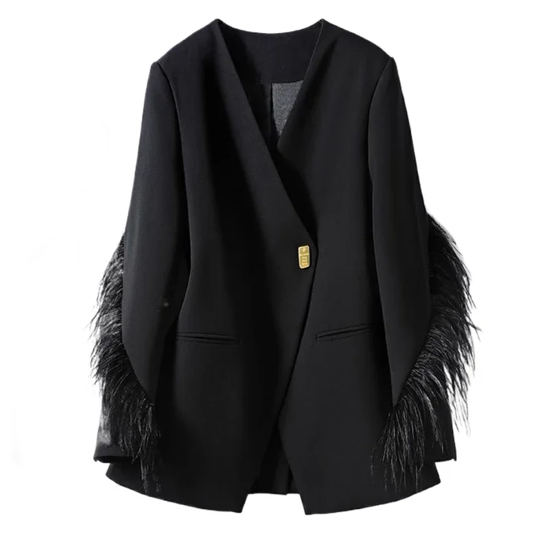 

Women's Blazers Coat Spring and Autumn New Style Suit Jacket with Spliced Feather Fashion Clothing