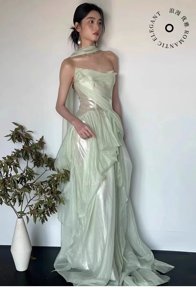 Gaun Malam Pesta Mint Verngo Gaun Acara Formal Berlipat Putri Duyung Tanpa Tali Wanita Gaun Prom Punggung Terbuka Berkilau Elegan Dapat Disesuaikan