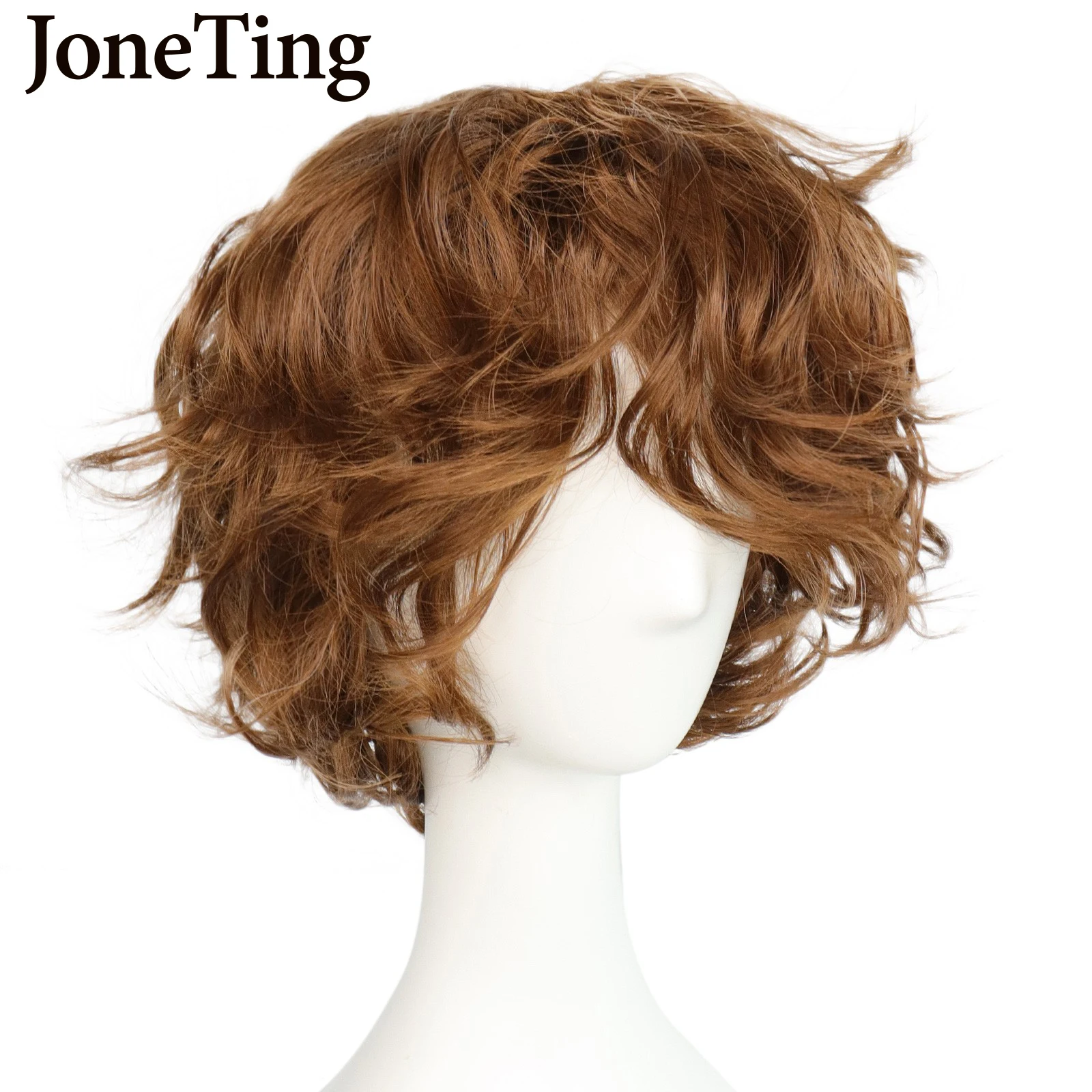 JT Synthetic Brown Men\'s Short Wavy Wigs with Bangs Orange Curly Heat Resistant Fiber Cosplay Wig Machine Made Halloween Party