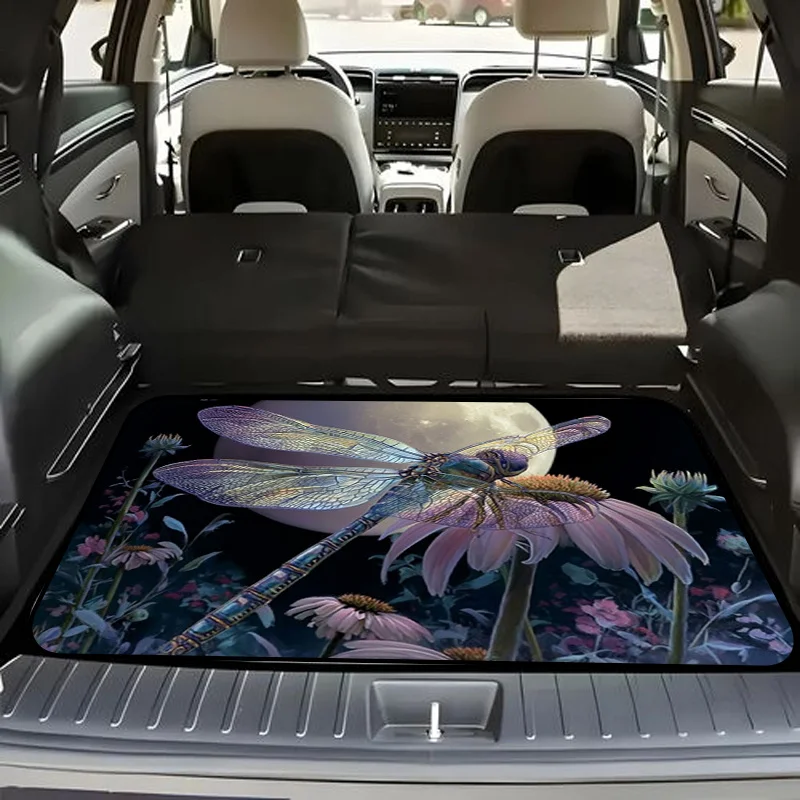 1pc Stylish Car Trunk Mat WithIridescent Dragonfly On Pink Coneflower, Dreamy Night Sky With Full Moon, Delicate Floral Backgrou