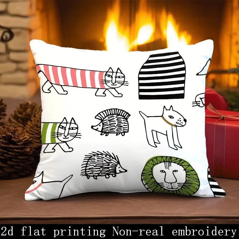 Double Sided Cute Cartoon Animal Pillow Cover Funny Cat Dog Lion Hedgehog Print Soft Throw Pillow Case for Kids Room Decor Gift