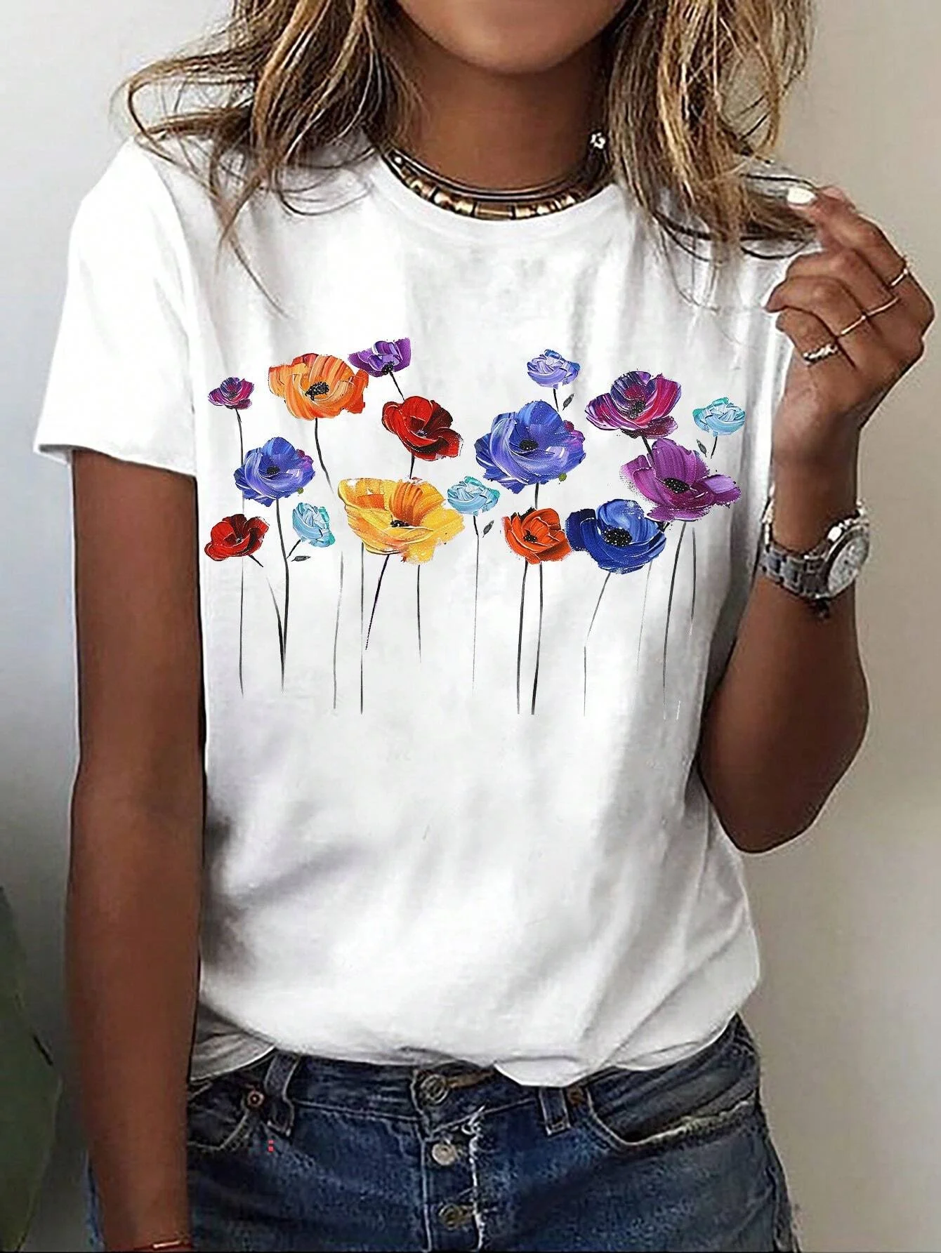 Women's White Geometric Print T-Shirt Fit Short Sleeve Round Neck Top with Vibrant Colors Ladies T Shirts Abstract Floral Design