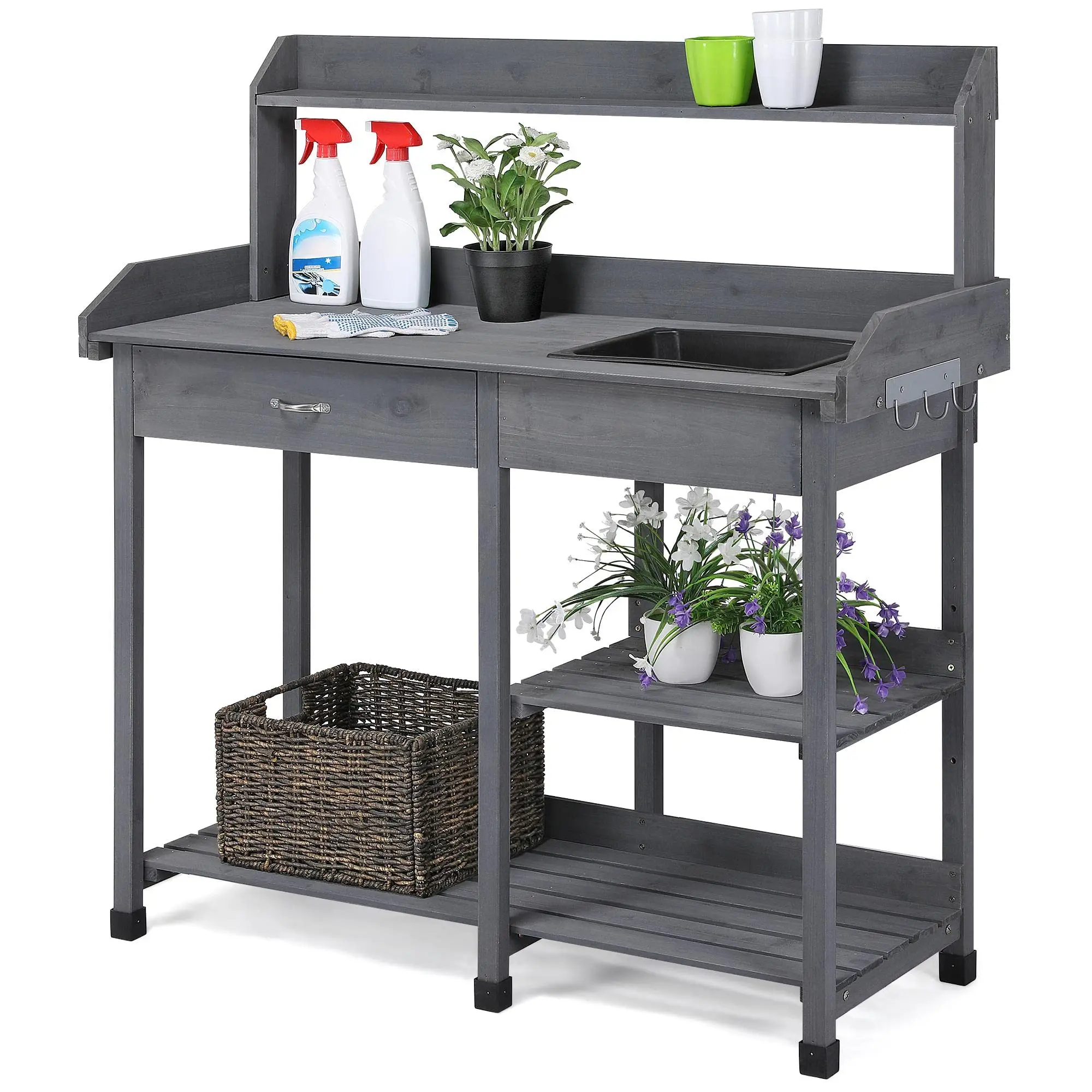 Potting Bench with Sink & Drawer, Outdoor Gardening Table, Brown