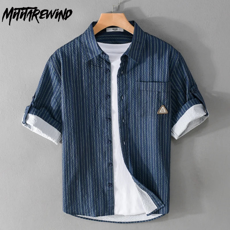 

Japan Style Vintage Striped Shirts for Men Summer Causal Shirts Lapel Half Sleeve Bubble Shirt with Pocket Fashion Mens Clothing