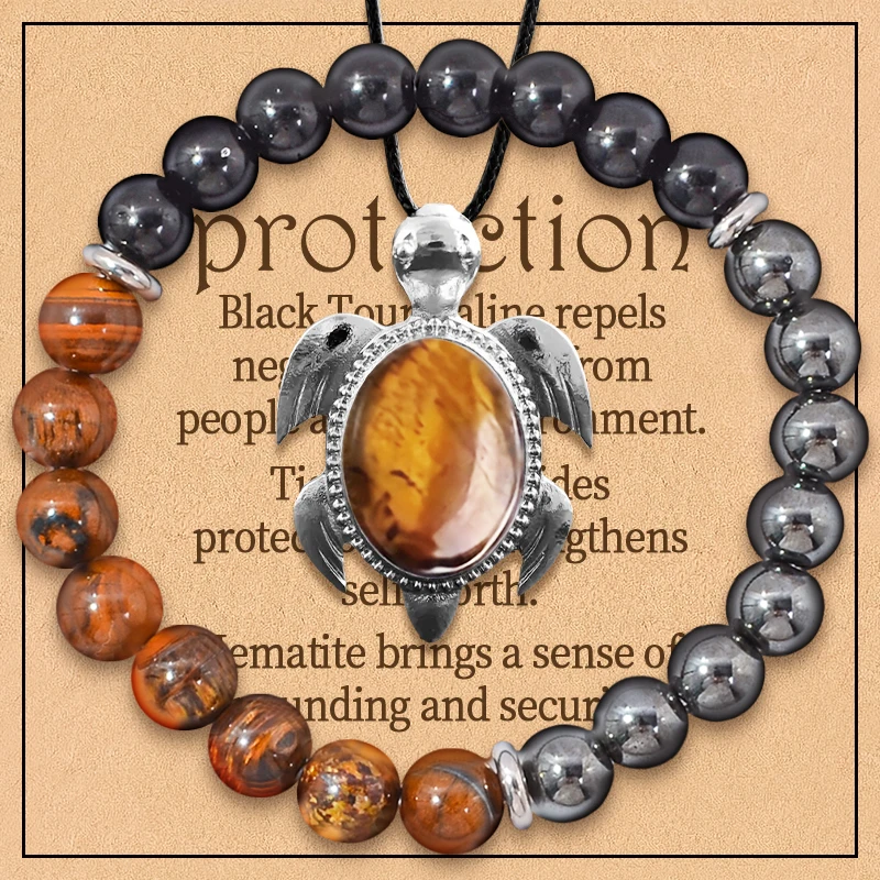 2PCS Triple Protection Bracelet Necklace Tiger Eye,Black Tourmaline,and Hematite Bracelet,Strength,Protection Balance for Men