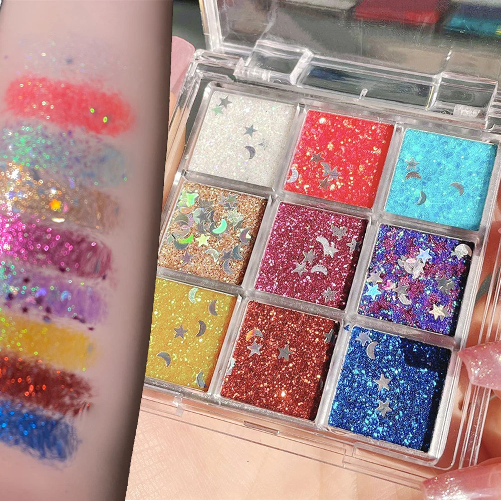 1 ボックス 9 色グリッターシマーアイシャドウメイクアップパレットスパークルジェルグリッター混合スタームーンフェイス/アイスパンコール高光沢アイグリッター