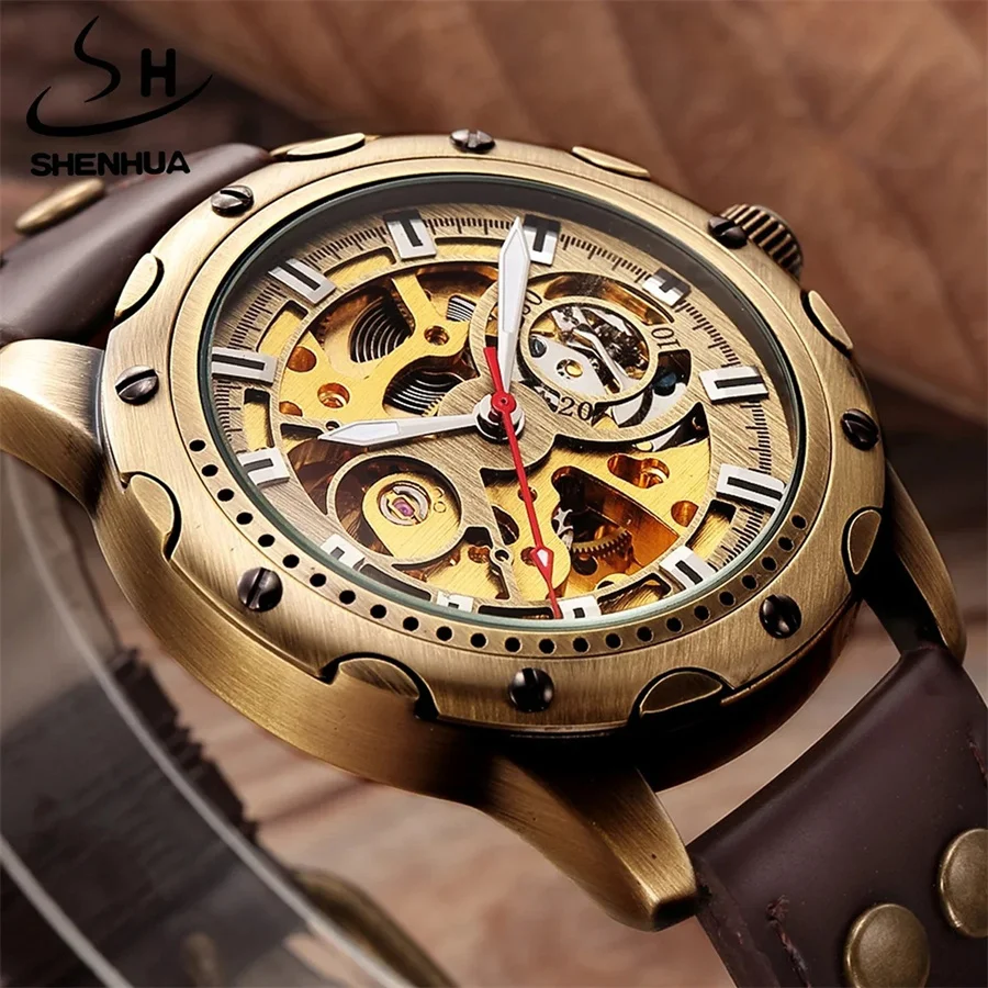 SHENHUA 9536 Round Steampunk Style Men Skeleton Automatic Mechanical Watch Bronze Male Skull Clock Sport addiesdive watches