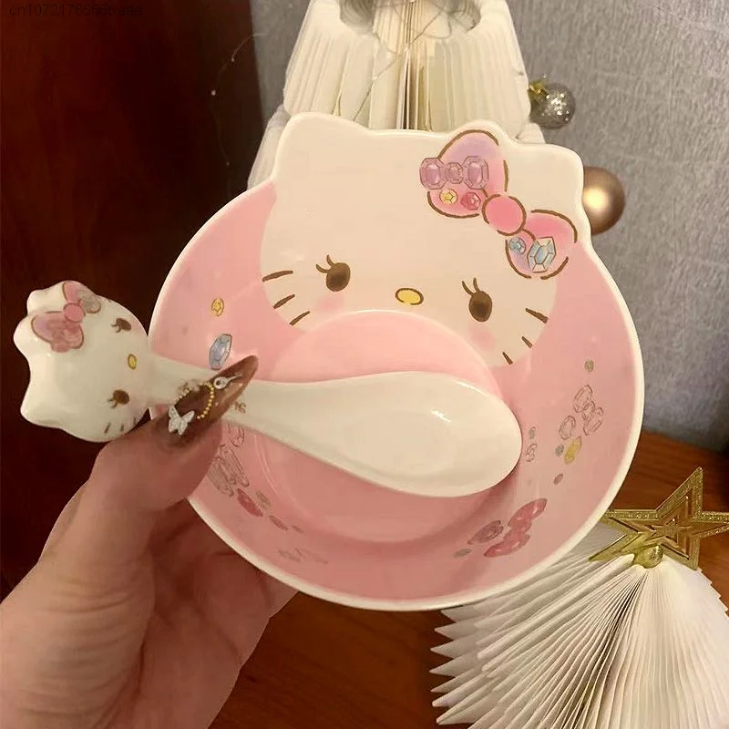 Sanrio Hello Kitty Cute Bow Pink Bowl Spoon 2 Pieces Set Y2k Girl Cartoon Kawaii Tableware Drop Resistant Kitchen Accessories