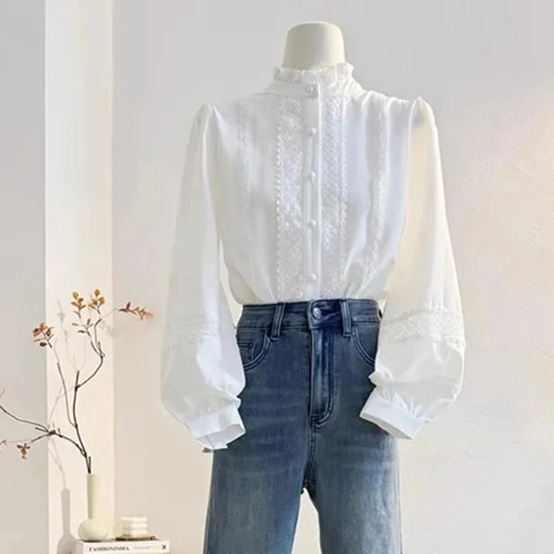 الدانتيل لوحة المرقعة بلوزة بيضاء المرأة كشكش طوق كم طويل قميص أنيق لوليتا صف واحد أزرار Jk بلوزات غير رسمية على الموضة #3