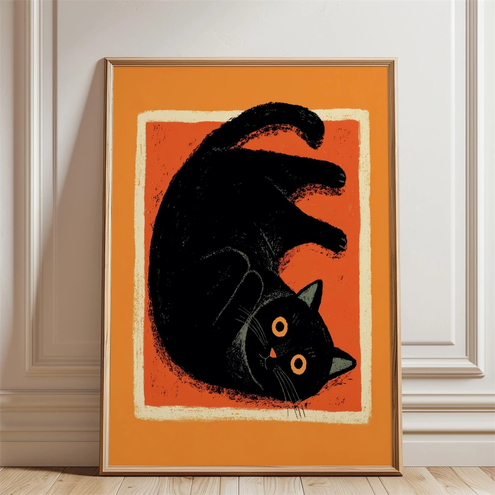 Black Cat Portrait Print Minimal Halloween Illustration Poster Bold Orange Background Green Eyes Art Canvas Painting Modern Art