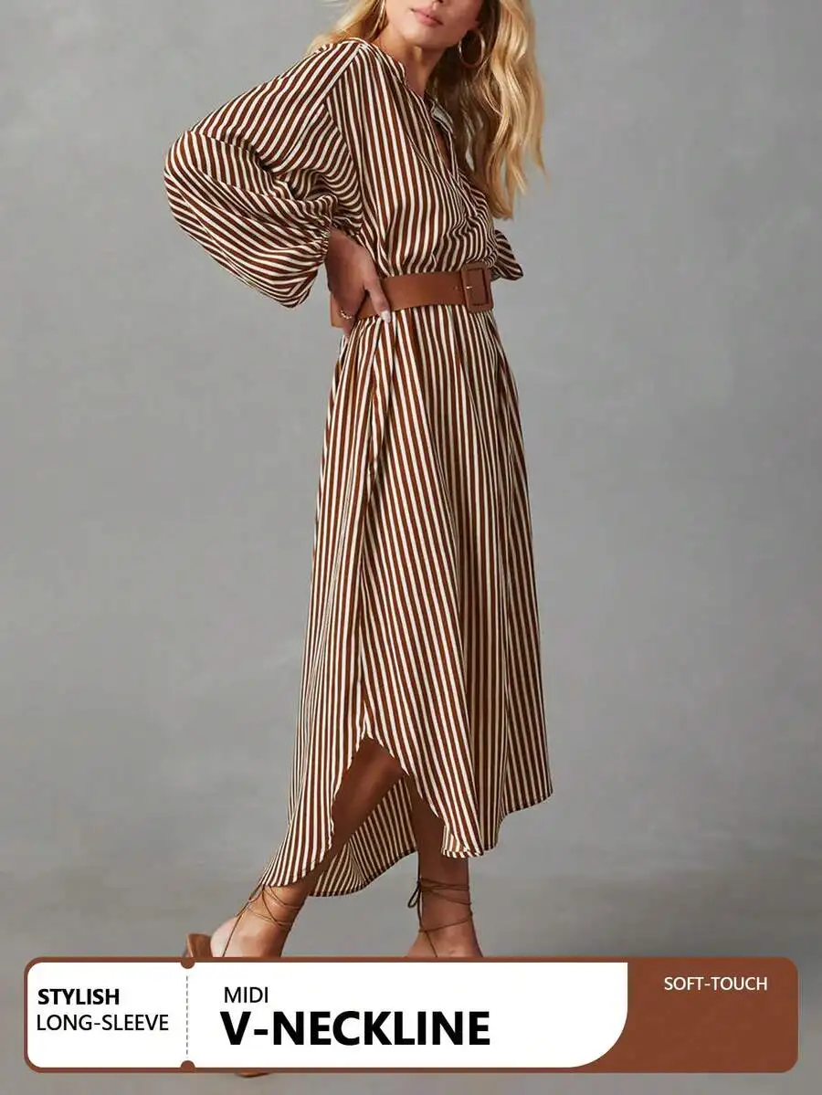 

Women’s Striped V-Neck Midi Dress With Belt – Long Sleeve A-Line Retro French Style, Slim Fit, Soft-Touch Fabric