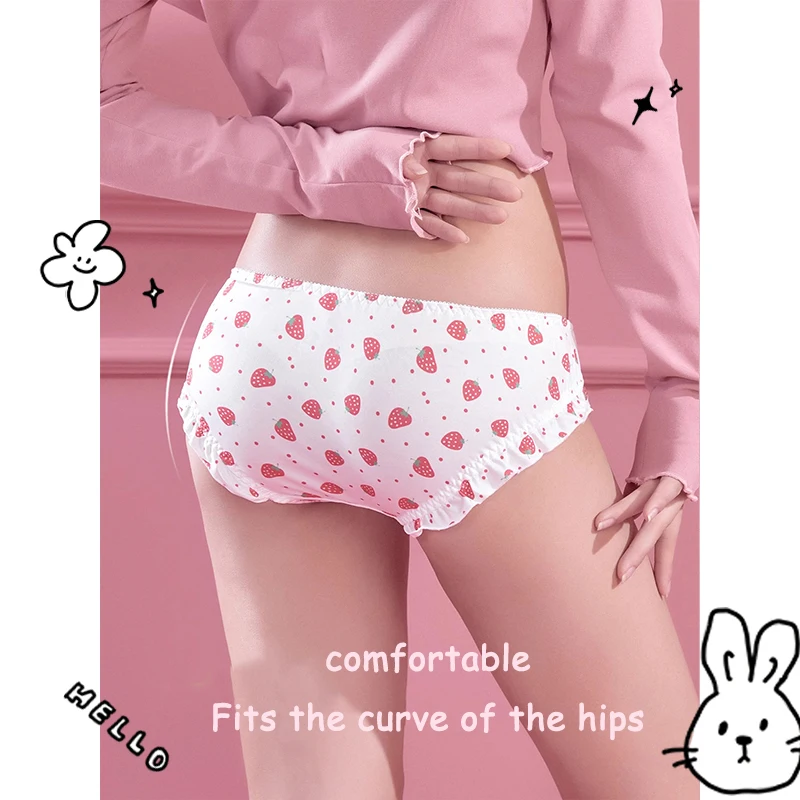 Cute Kawaii Strawberry Milkshake Girl Panties Ladies Briefs Women Underwear Pink Bear Bow-Tied Tanga Pure Cotton Comfort Student